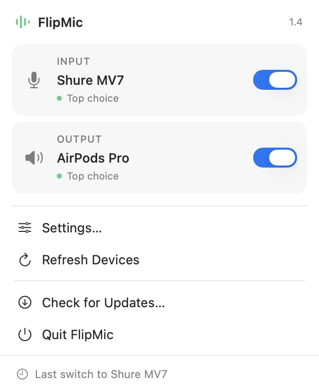 FlipMic menu bar panel showing Shure MV7 as the input and AirPods Pro as the output, both guarded.