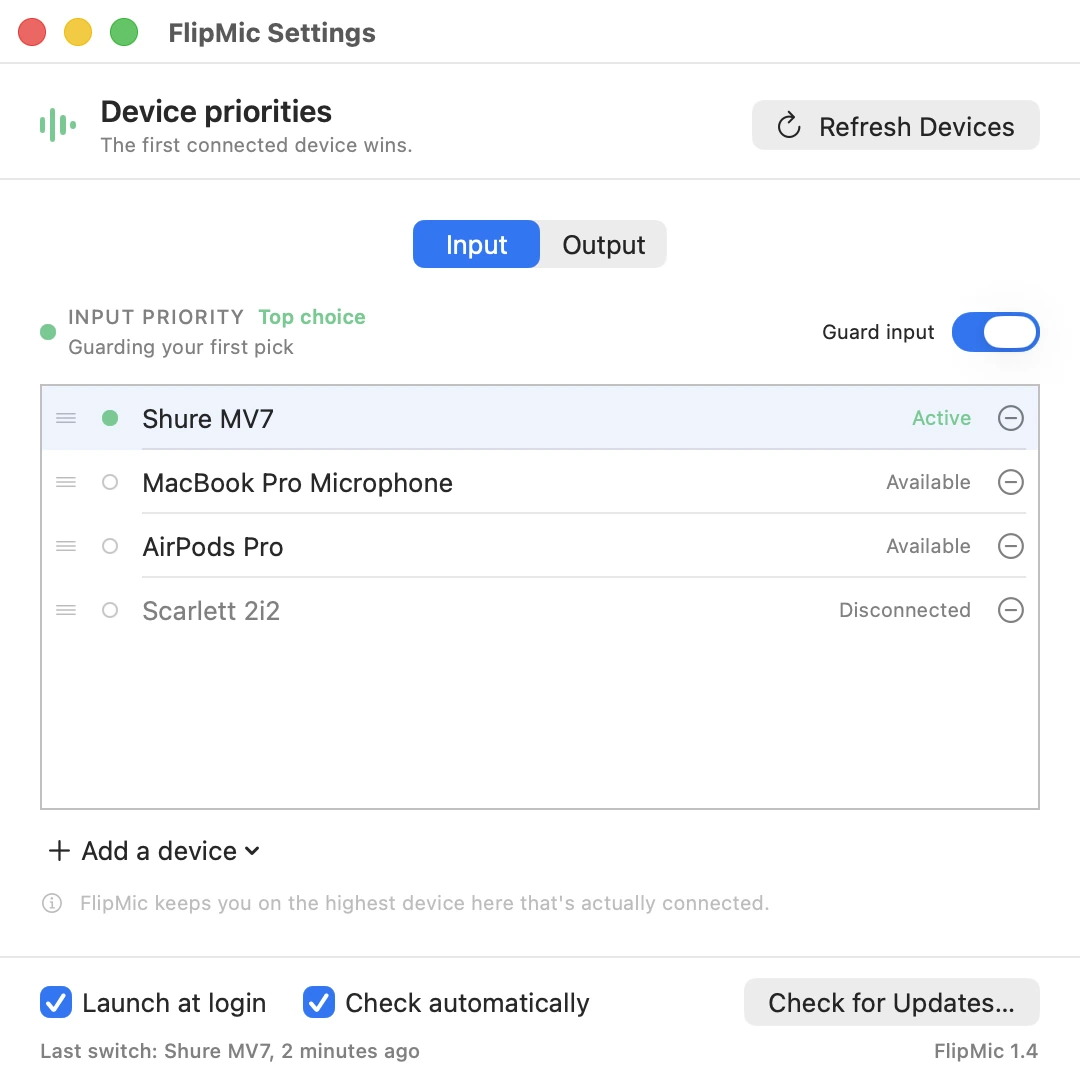 FlipMic Settings window with the Input priority list: Shure MV7 active at the top, then MacBook Pro Microphone, AirPods Pro, and a disconnected Scarlett 2i2.